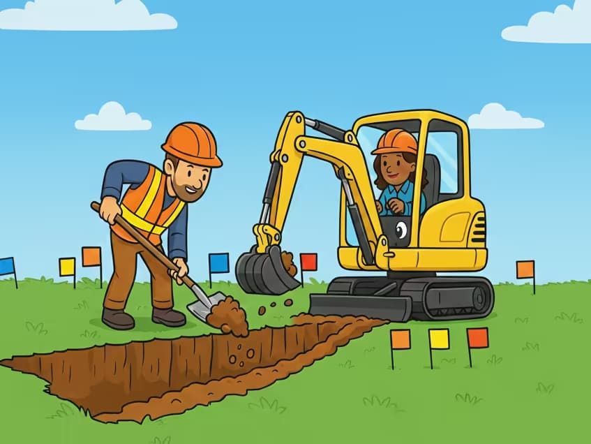 Cartoon construction workers digging
